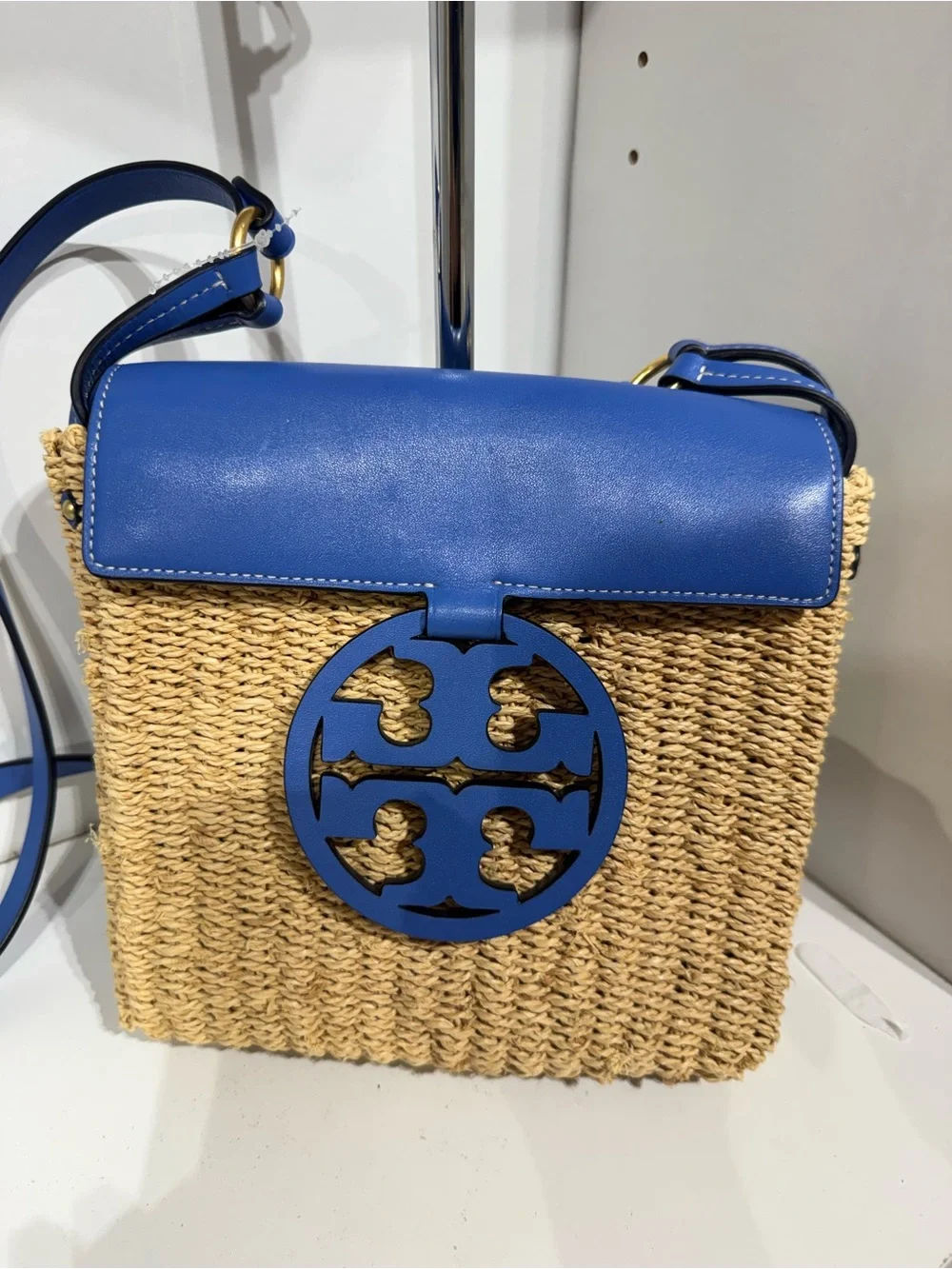 Tory Burch Blue Leather & Woven Straw Crossbody
